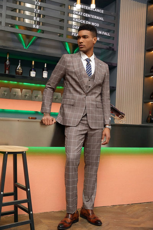Mens Stacy Adams Suit -Stacy Adams Men's Modern Fit Suit - One Button Vested in Light Brown Windowpane Plaid