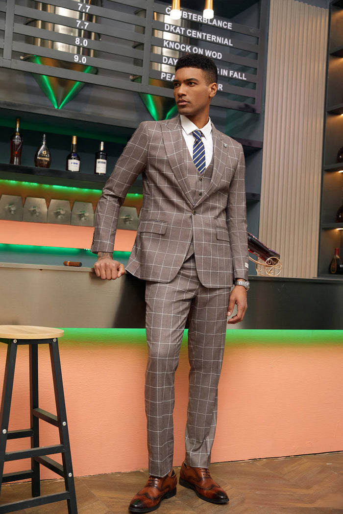 "Mens Stacy Adams Suit -Stacy Adams Men's Modern Fit Suit - One Button Vested in Light Brown Windowpane Plaid"