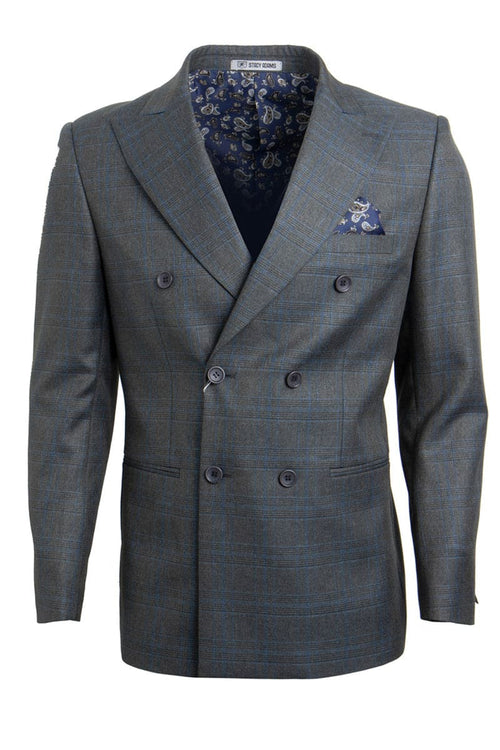 "Mens Stacy Adams Suit - Stacy Adams Suit Men's Double Breasted Charcoal Grey Windowpane Plaid Suit"