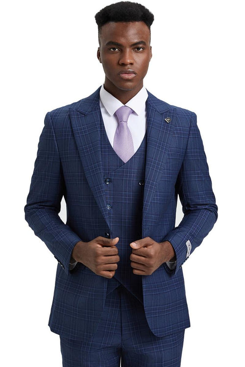 The men's Stacy Adams one-button peak lapel double-breasted vest suit features a blue and purple plaid pattern. The suit's fabric appears tailored, with visible buttons and sharp lapels.