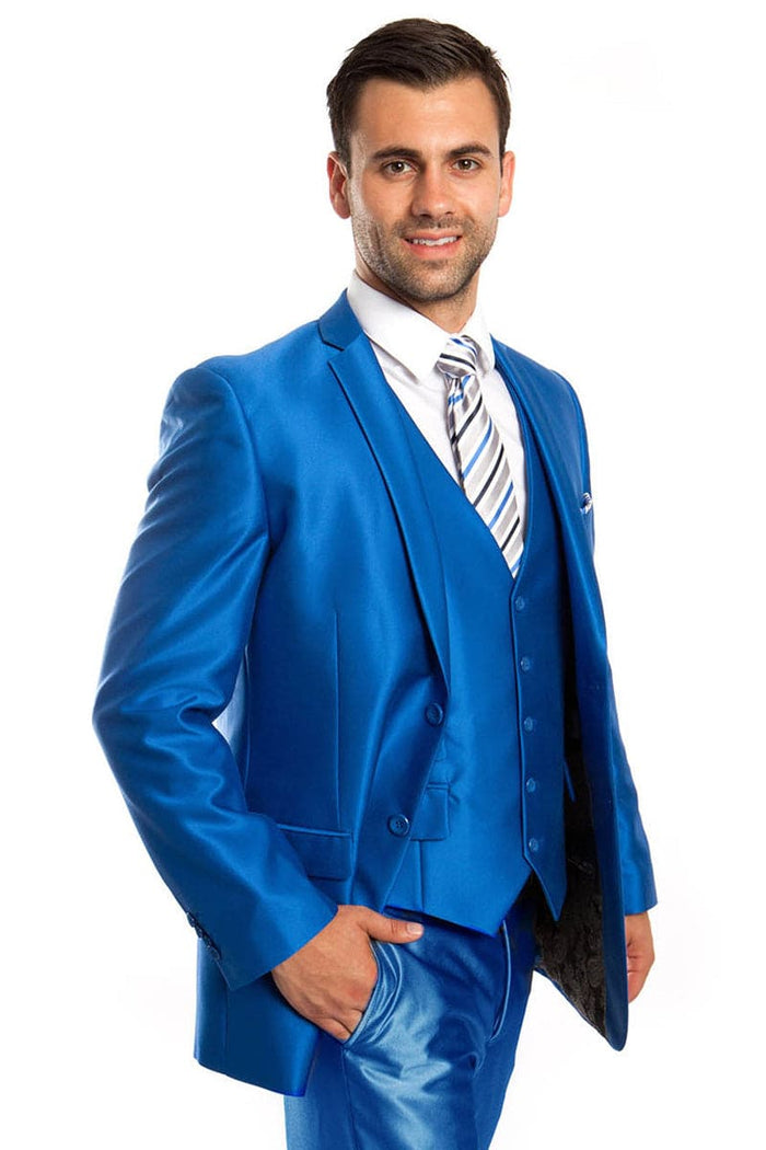 "Royal Blue Men's Sharkskin Wedding Suit - Two Button Vested Prom 2026 Fashion"