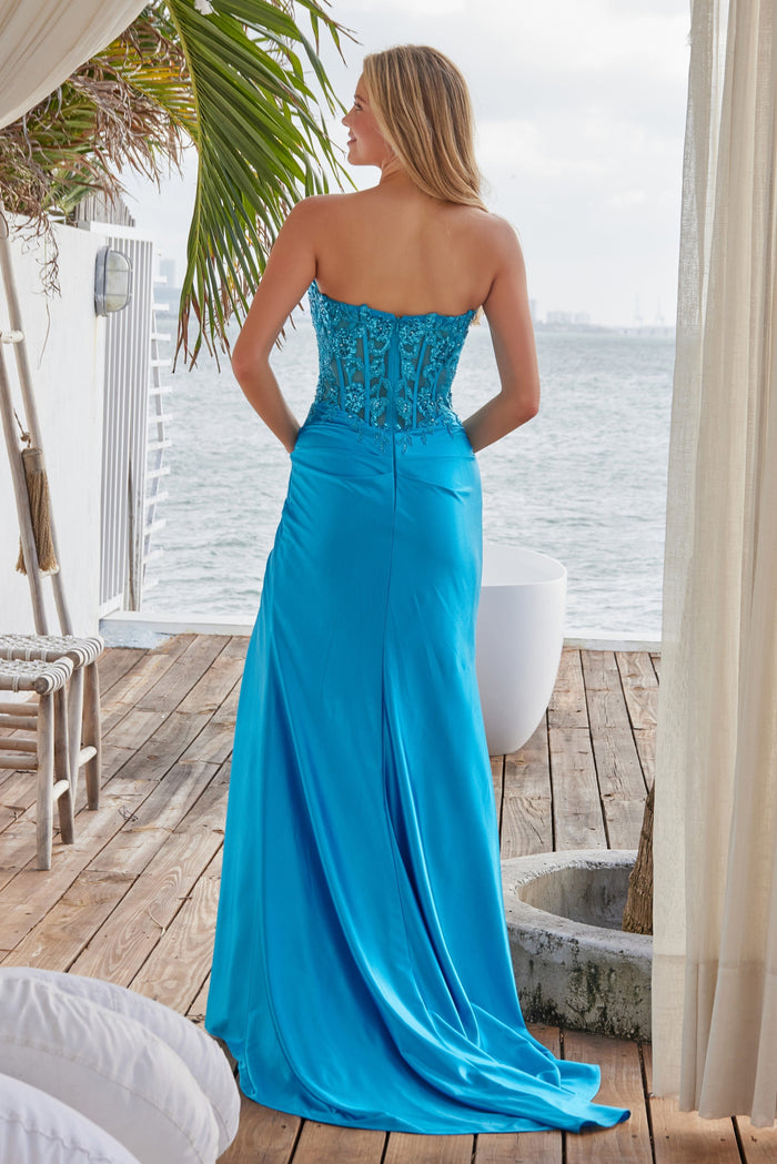 Applique Beaded Strapless Fitted Corset Gown By Nox Anabel R1690