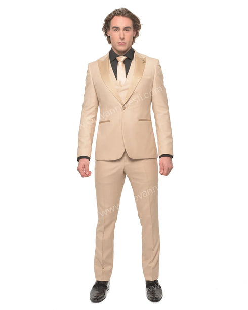 Giovanni Testi 1 Button Peak lapel 3 piece Tuxedo GT1PA+V-1501 Sand / Tan