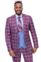 Mens Plaid Suit - Patterned Business Suit - Mens One Button Double Breasted Vest Fashion Suit In Rasberry Pink Windowpane Plaid