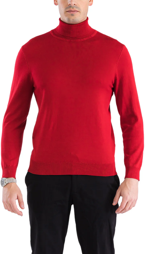 Men's red turtleneck sweater. Fitted shape with long sleeves and a high, ribbed turtleneck. Soft fabric, solid red color. Ribbed hem and cuffs for a snug fit.
