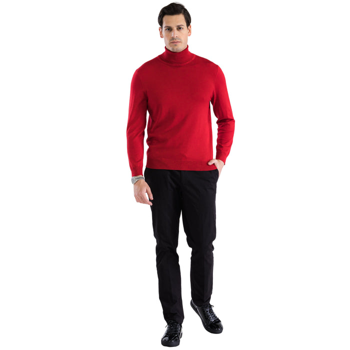 Alberto Nardoni men's red turtleneck sweater. Fitted silhouette, long sleeves, and a folded collar. Smooth, knit fabric in solid red. Seamless design with a slightly tucked waist for a sleek look.
