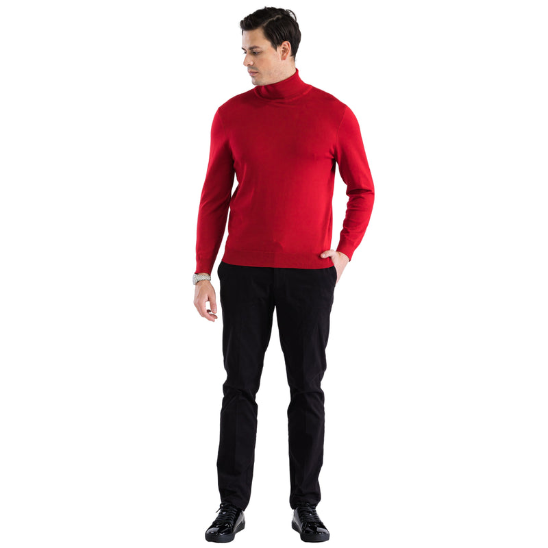 Alberto Nardoni men's red turtleneck sweater. Fitted, long-sleeved, and high-collared. Smooth knit fabric. Solid, vibrant red color.
