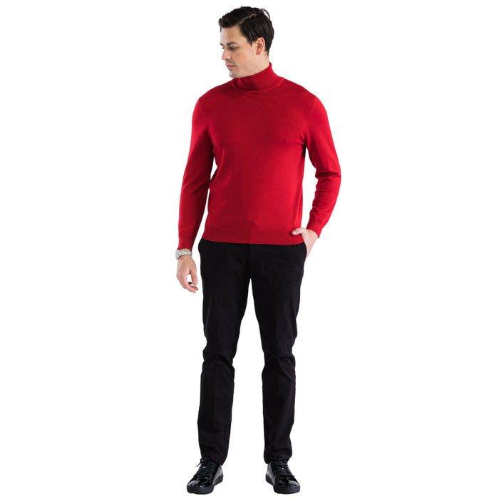 Alberto Nardoni men's red turtleneck sweater. Fitted, long-sleeved, and high-collared. Smooth knit fabric. Solid, vibrant red color.
