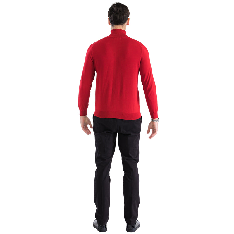 Men's red turtleneck sweater. Fitted shape, long sleeves, and high neck. Smooth texture with a solid red color throughout.
