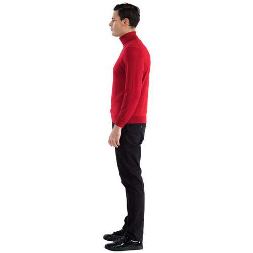 Men's red turtleneck sweater. Fitted silhouette, high neckline. Smooth knit fabric, long sleeves. Solid red color, no patterns.
