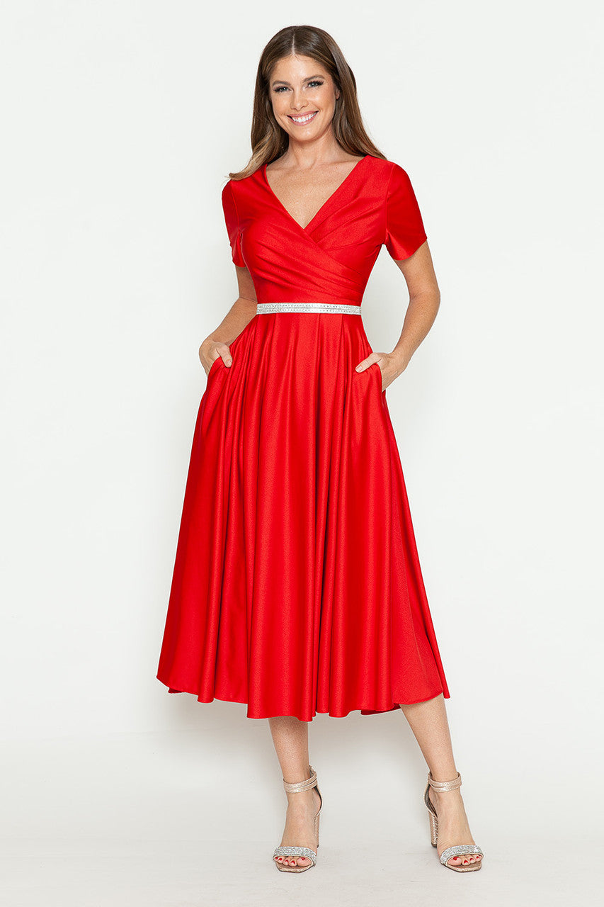Lenovia 5274 V-Neck Short Sleeve Midi Cocktail Dress with Rhinestone Waist Formal & Wedding Guest Attire