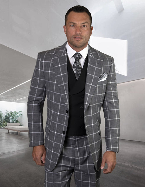 Men's gray checkered suit with wide peak lapels, textured fabric, and matching pants. Jacket features a 2-button closure and a double-breasted vest.