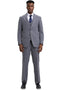 The men’s Stacy Adams modern fit vested suit features a light grey micro check plaid pattern, made from a smooth fabric. The suit includes a fitted vest, single-breasted jacket, and straight-leg trousers.