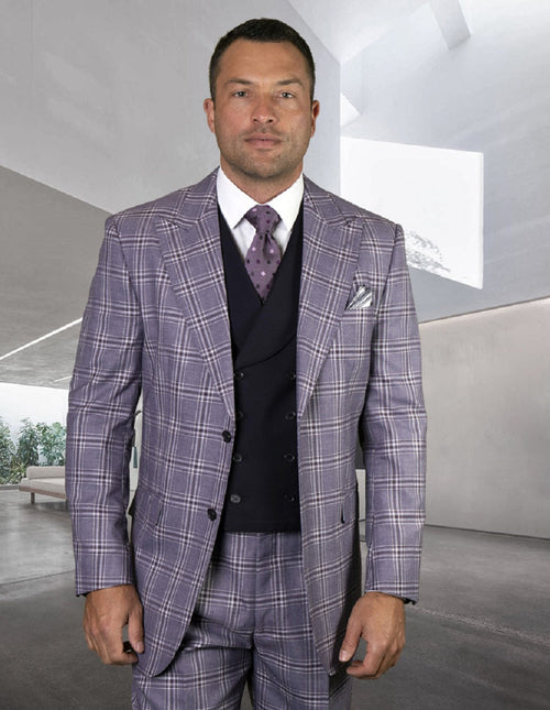 Men's suit: Light purple & white checked, two-button jacket with wide peak lapel. Black double-breasted vest layered beneath.
