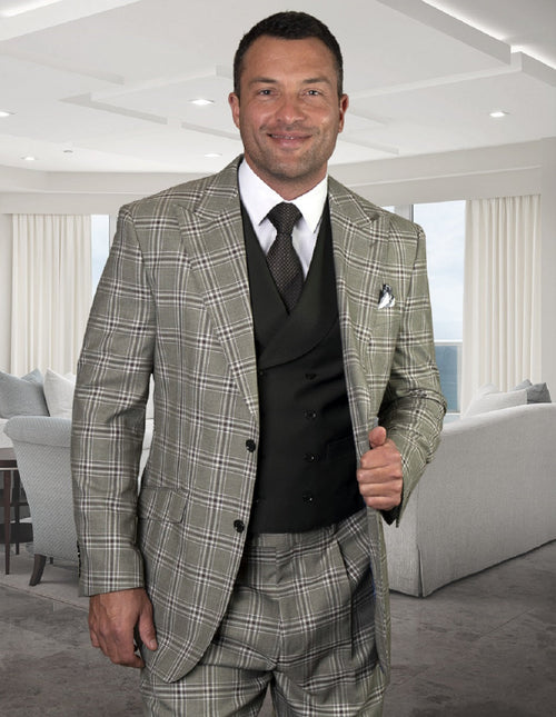 Men's gray & white checked suit with wide peak lapels. Includes matching tailored pants and a black double-breasted shawl lapel vest.
