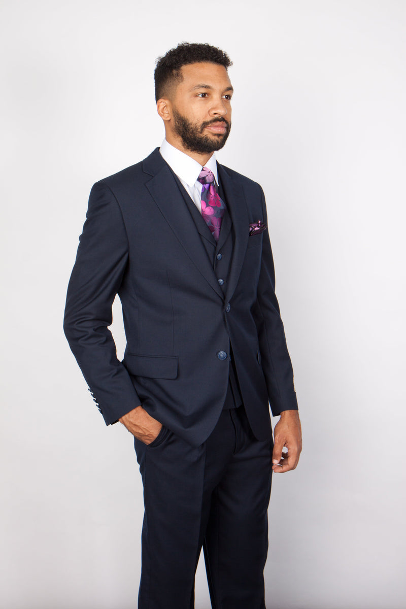Mens Solid Navy Blue 3-Piece Suit - CYRUS RM116 by Rossi Man