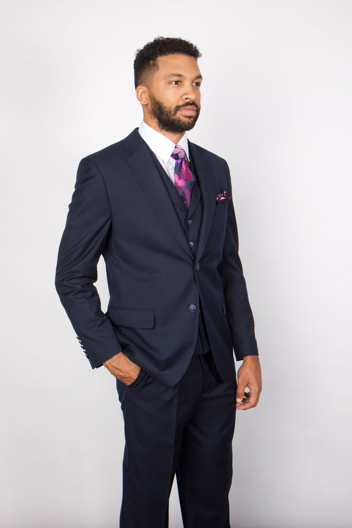 Mens Solid Navy Blue 3-Piece Suit - CYRUS RM116 by Rossi Man