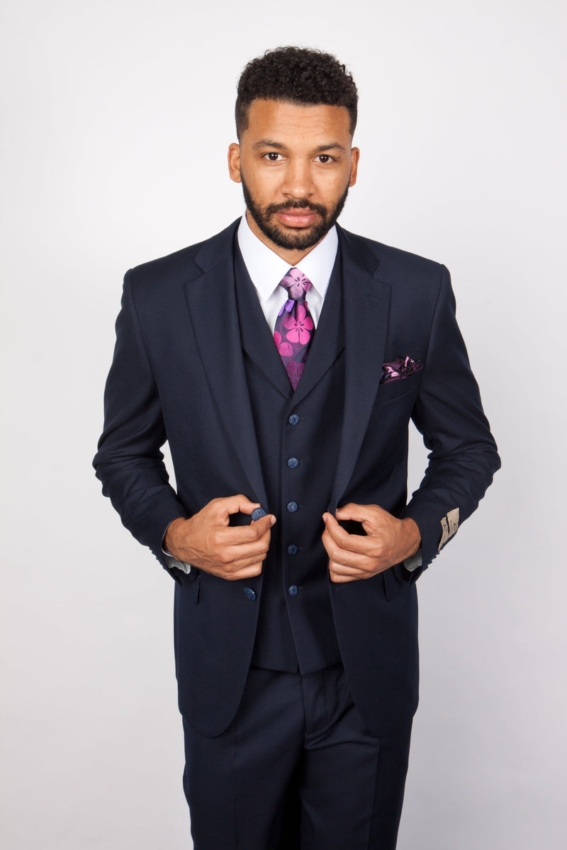 Mens Solid Navy Blue 3-Piece Suit - CYRUS RM116 by Rossi Man