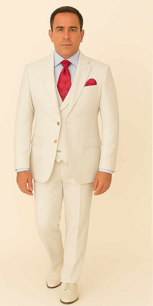 Rossi Man Slim Fit 3-Piece White Suit – Peak Lapel, Double-Breasted Vest & Flat Front Pants