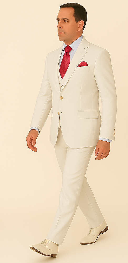 Rossi Man Slim Fit 3-Piece White Suit – Peak Lapel, Double-Breasted Vest & Flat Front Pants