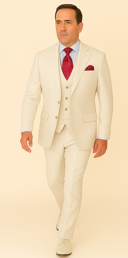 Rossi Man Slim Fit 3-Piece White Suit – Peak Lapel, Double-Breasted Vest & Flat Front Pants