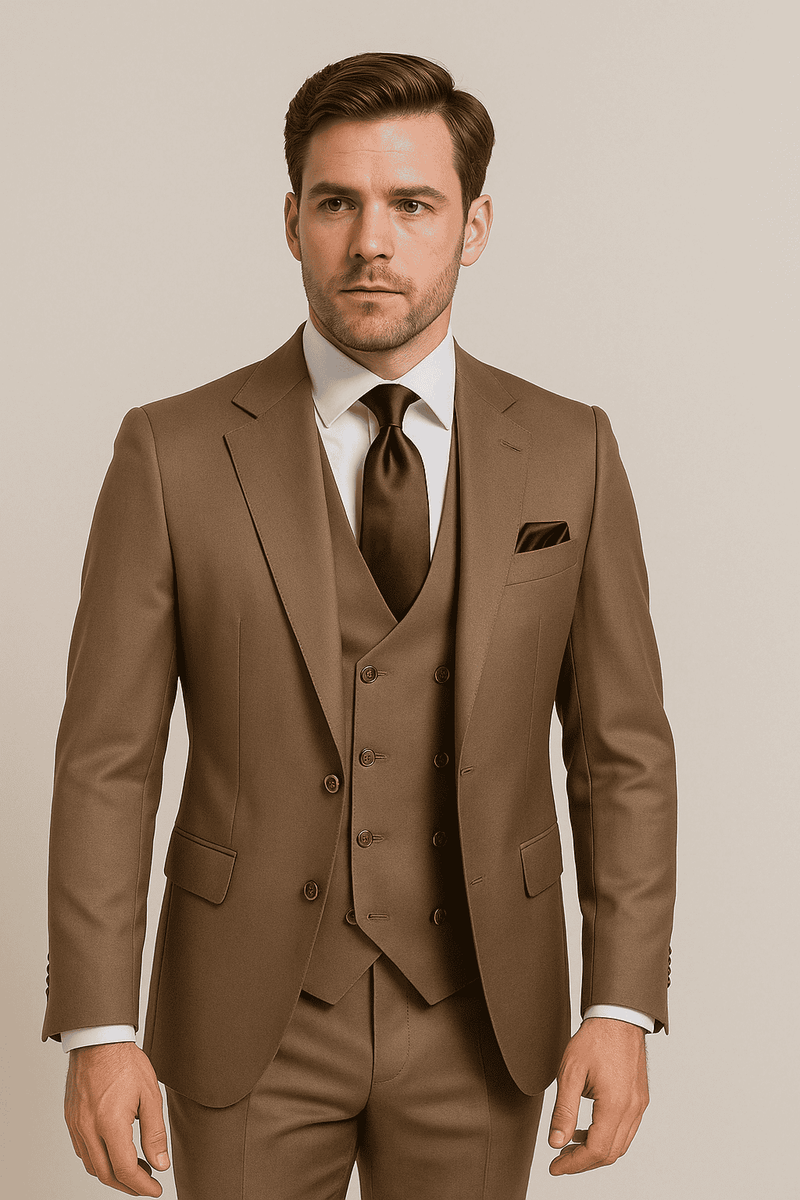 Mens Modern Formal Suit - Rossi Man Max Slim Fit 3-Piece in Solid Mocha | RM1172