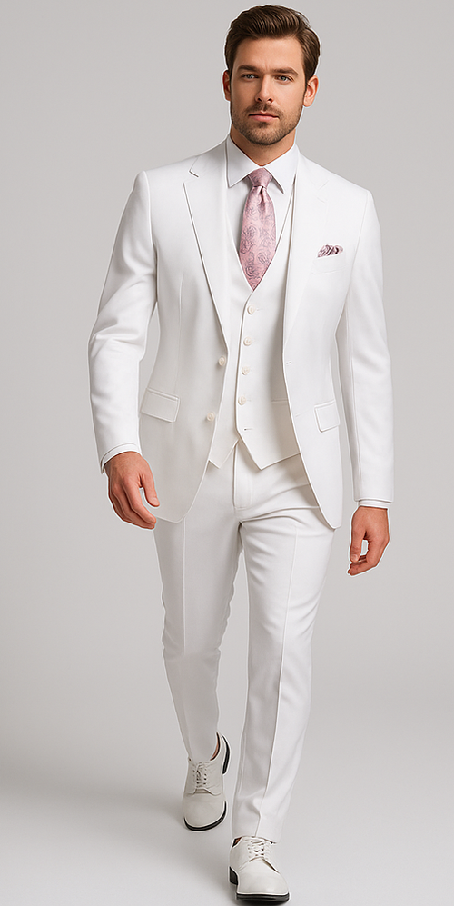 Rossi Man MAX RM1374 Slim Fit 3-Piece Suit – Elegant Solid White Formalwear for Men