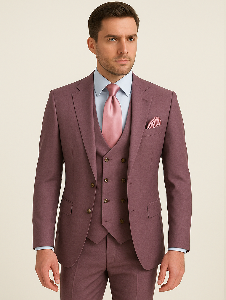 Rossi Man MAX RM1381 Slim Fit 3-Piece Suit â€“ Modern Tailored Solid Raspberry Suit for Men
