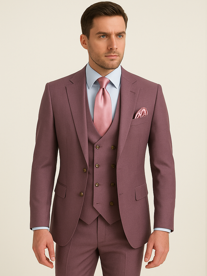 Rossi Man MAX RM1381 Slim Fit 3-Piece Suit â€“ Modern Tailored Solid Raspberry Suit for Men