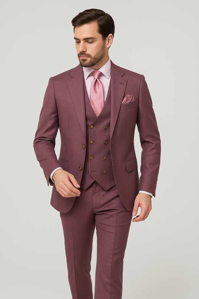 Rossi Man MAX RM1381 Slim Fit 3-Piece Suit â€“ Modern Tailored Solid Raspberry Suit for Men