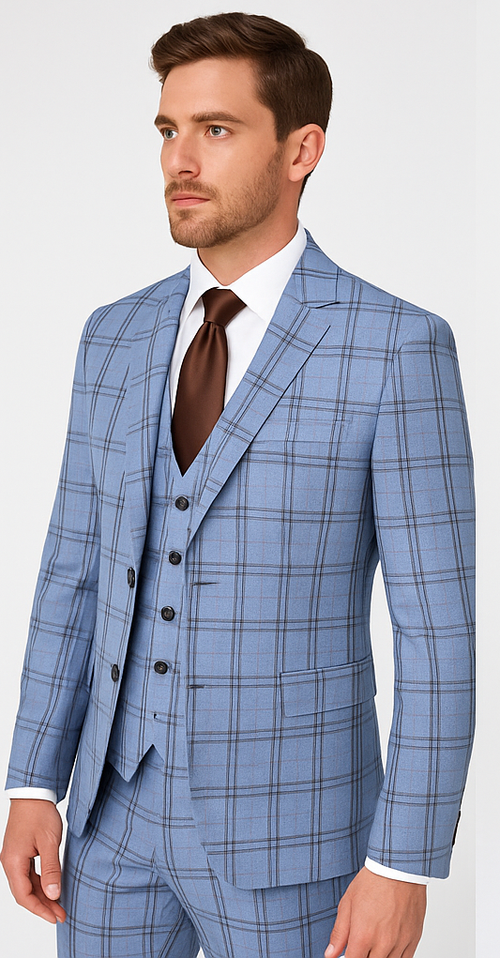 Rossi Man MAX RM1822 Slim Fit 3-Piece Suit – Premium Light Blue & Brown Plaid Formal Suit for Men