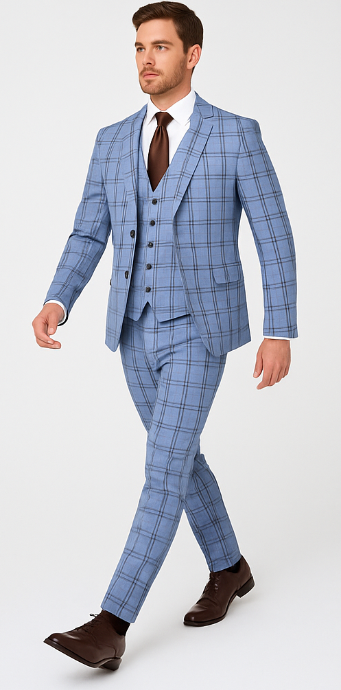 Rossi Man MAX RM1822 Slim Fit 3-Piece Suit – Premium Light Blue & Brown Plaid Formal Suit for Men