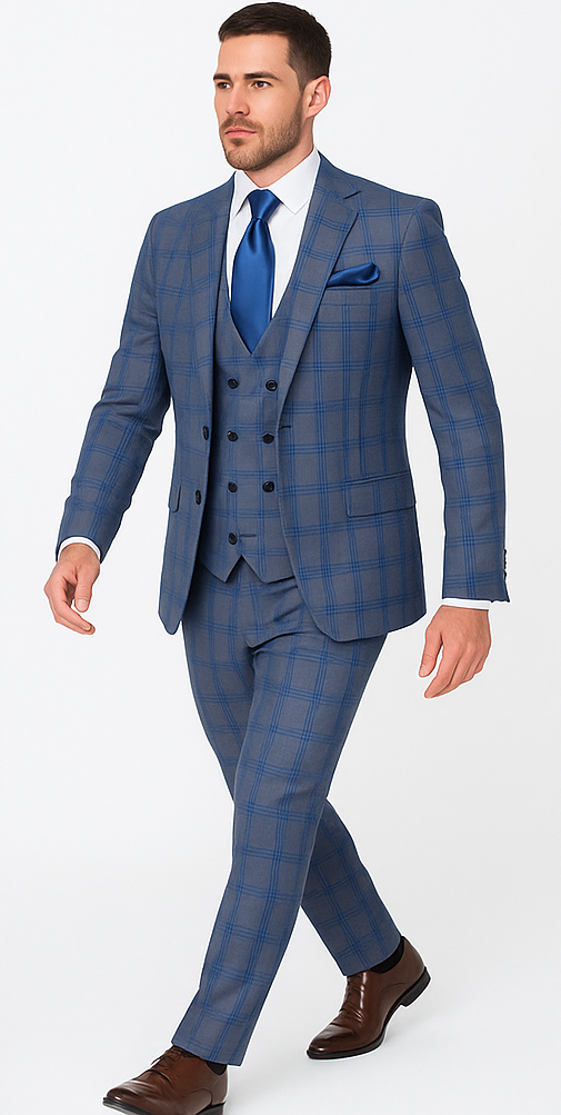 Rossi Man MAX RM1823 Slim Fit 3-Piece Blue Plaid Suit â€“ Tailored for Weddings & Business