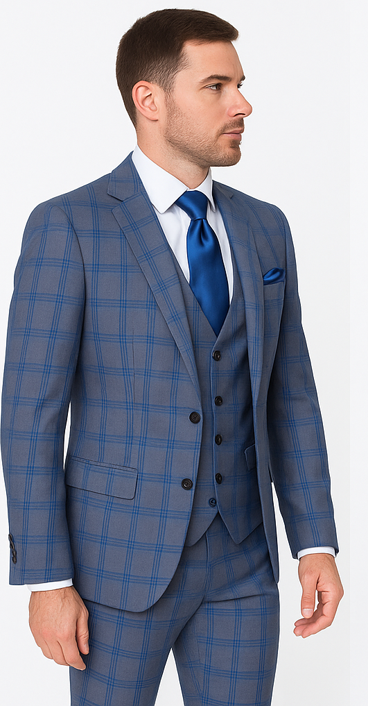 Rossi Man MAX RM1823 Slim Fit 3-Piece Blue Plaid Suit â€“ Tailored for Weddings & Business