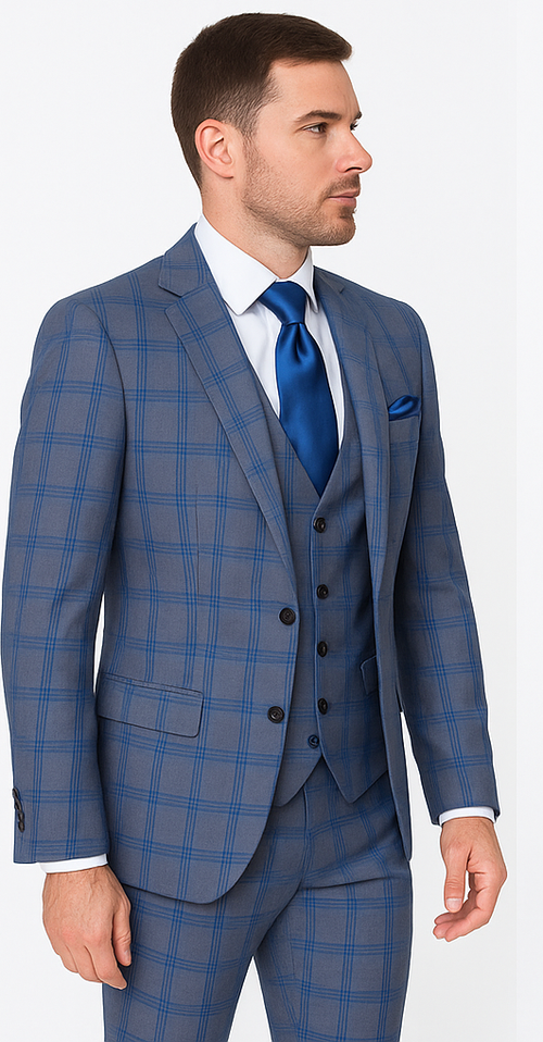 Rossi Man MAX RM1823 Slim Fit 3-Piece Blue Plaid Suit – Tailored for Weddings & Business