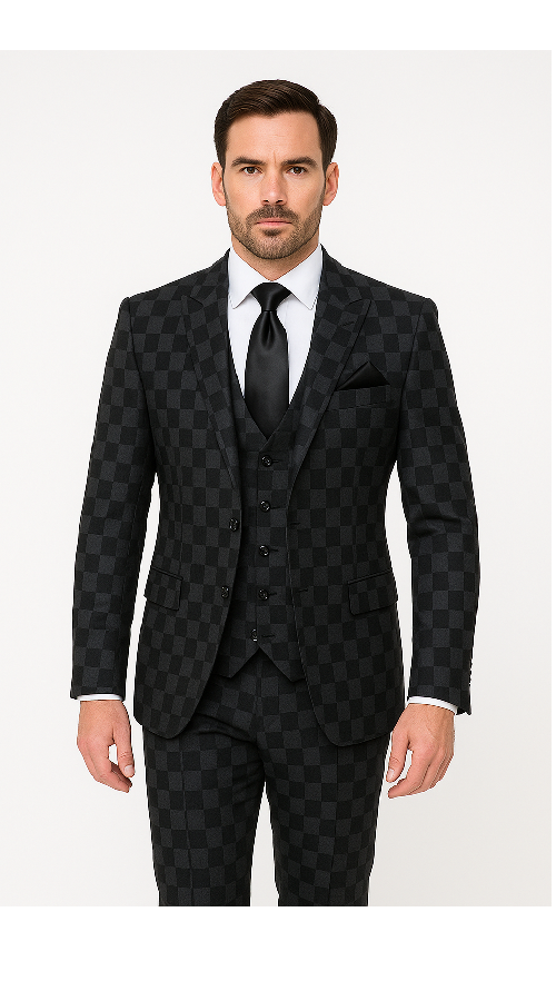 Rossi Man Max RM1837 - Mens Slim Fit Tailored 3-Piece Suit in Black