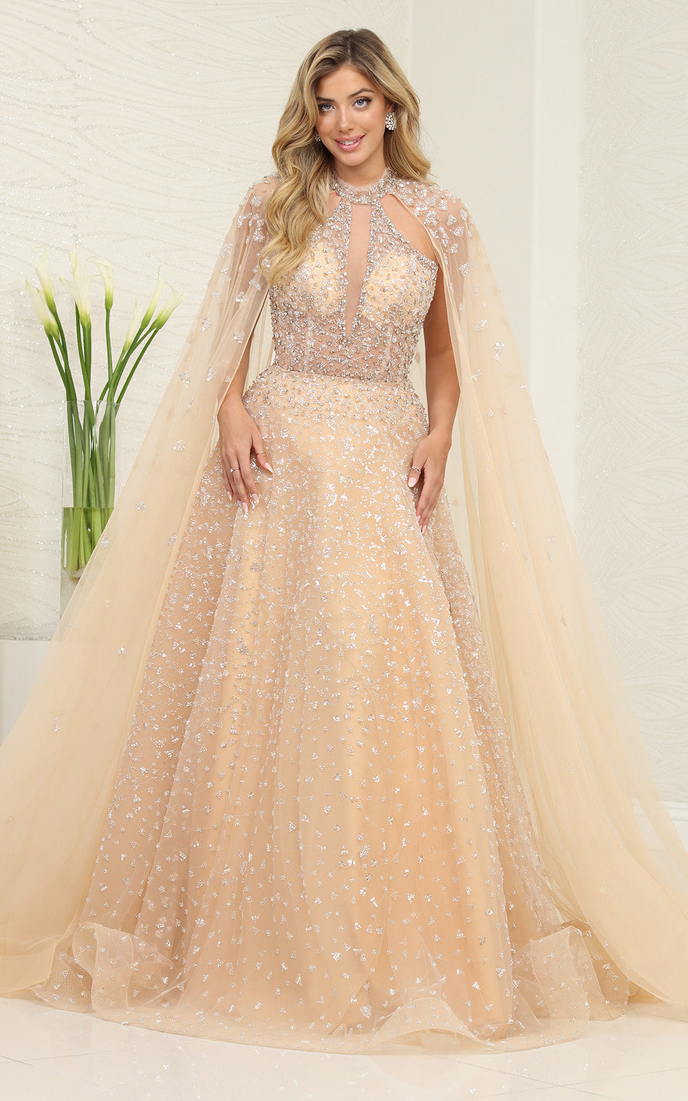 Royal Queen RQ8133 Champagne Beaded Evening Dress with an Elegant Cape