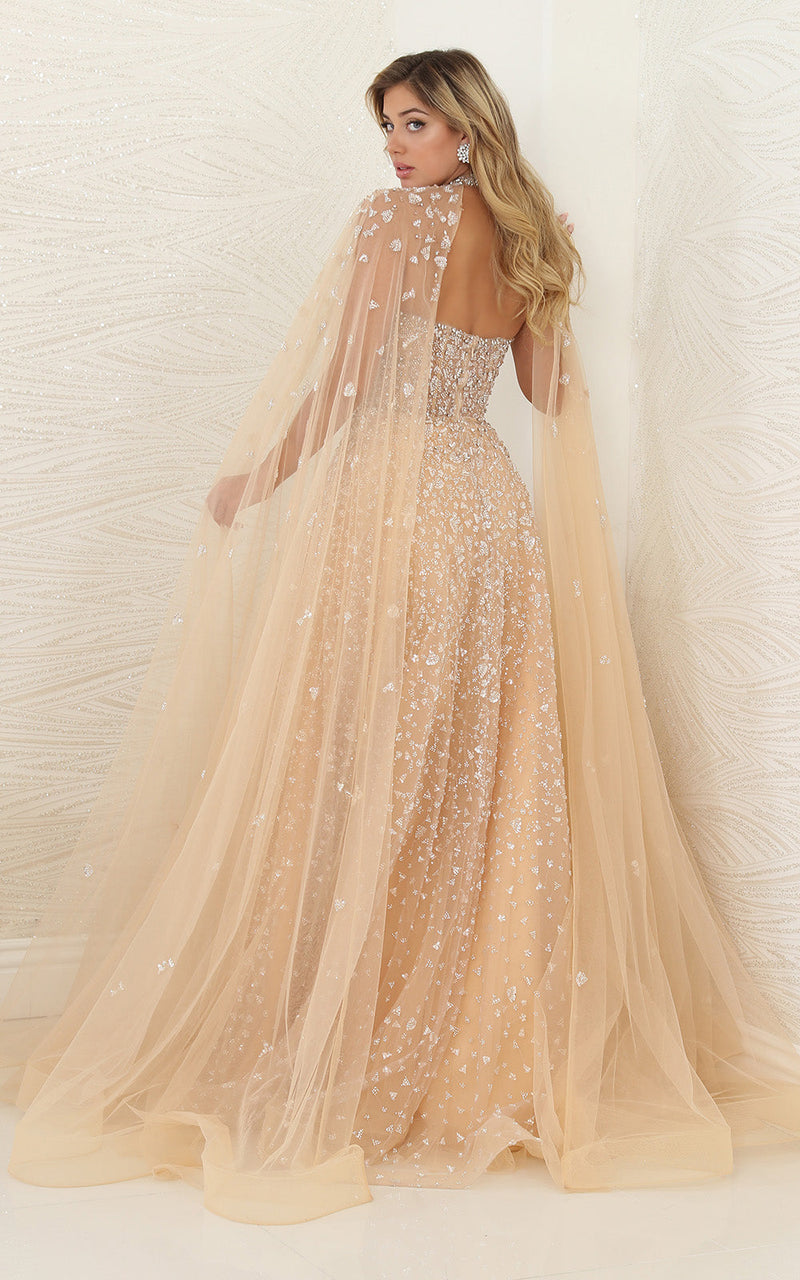 Royal Queen RQ8133 Champagne Beaded Evening Dress with an Elegant Cape