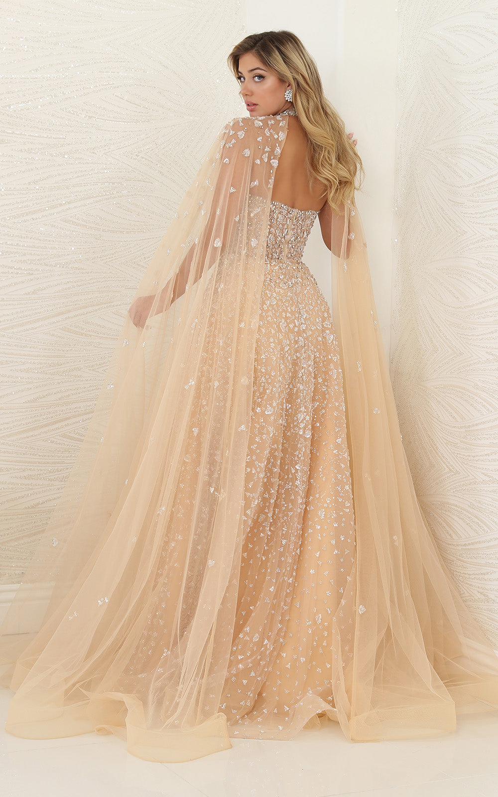 Royal Queen RQ8133 Champagne Beaded Evening Dress with an Elegant Cape