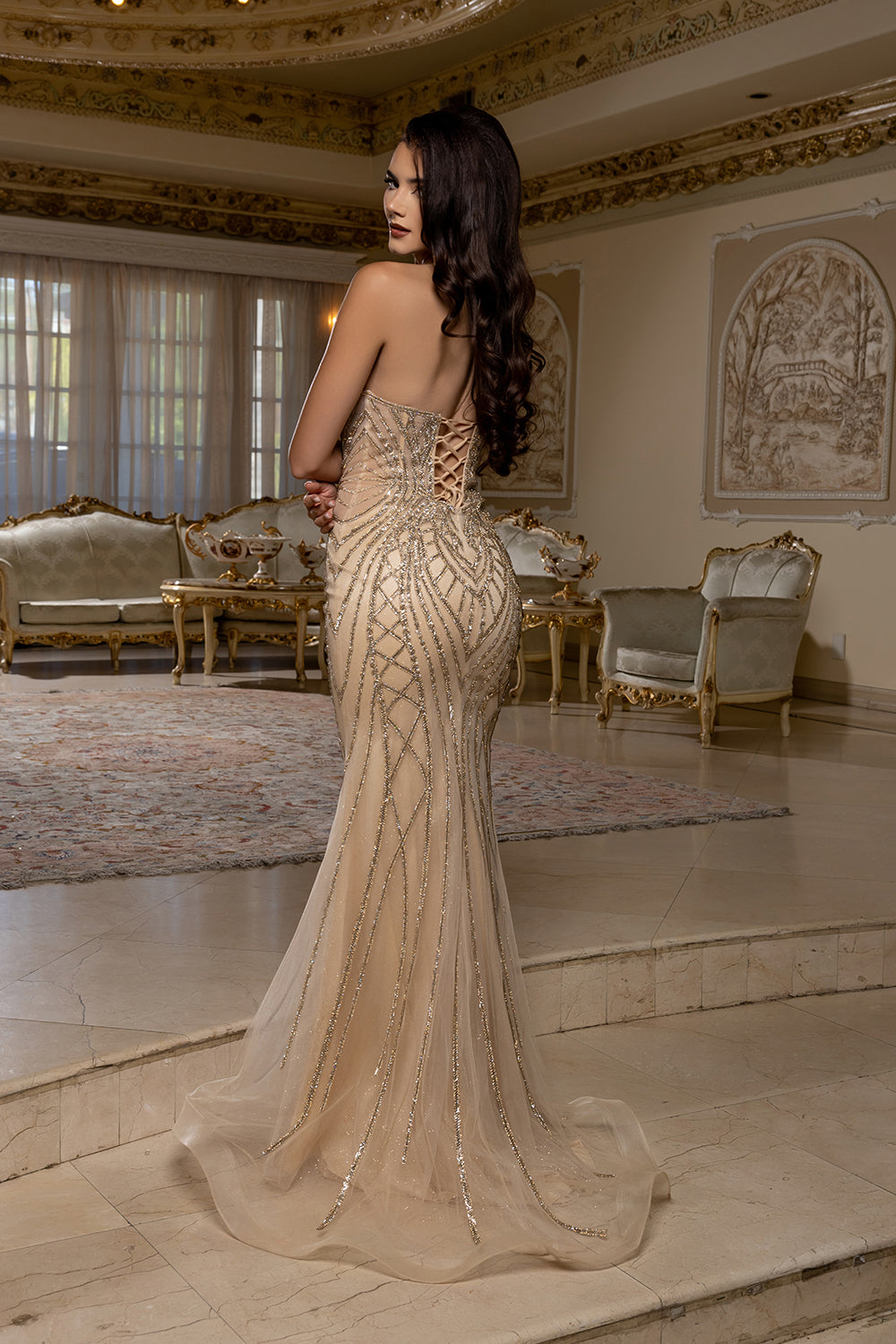 Beaded Mermaid Evening Gown – Strapless Lace-Up Back Formal Prom Dress by Royal Queen RQ8210