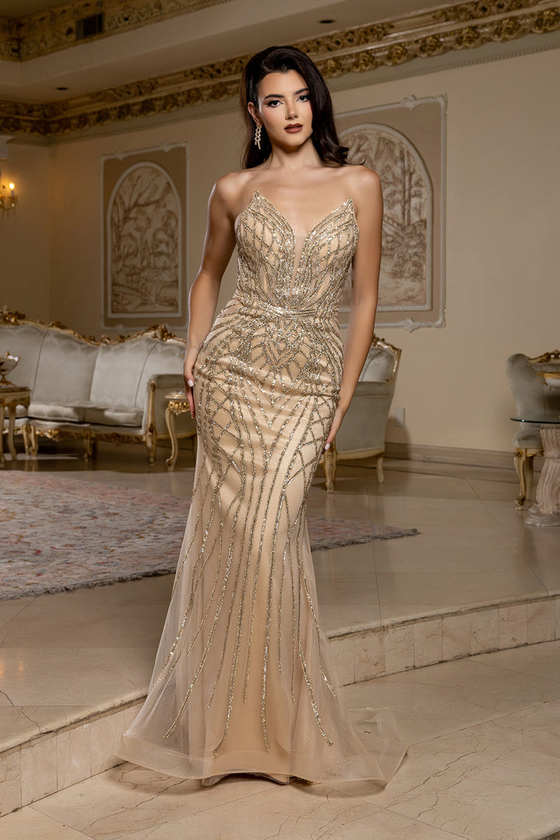 Beaded Mermaid Evening Gown – Strapless Lace-Up Back Formal Prom Dress by Royal Queen RQ8210
