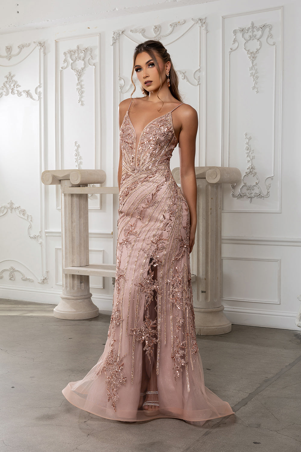 Mermaid Evening Gown Sparkling Dress with Illusion V-Neck Lace Up Back by Royal Queen RQ8213