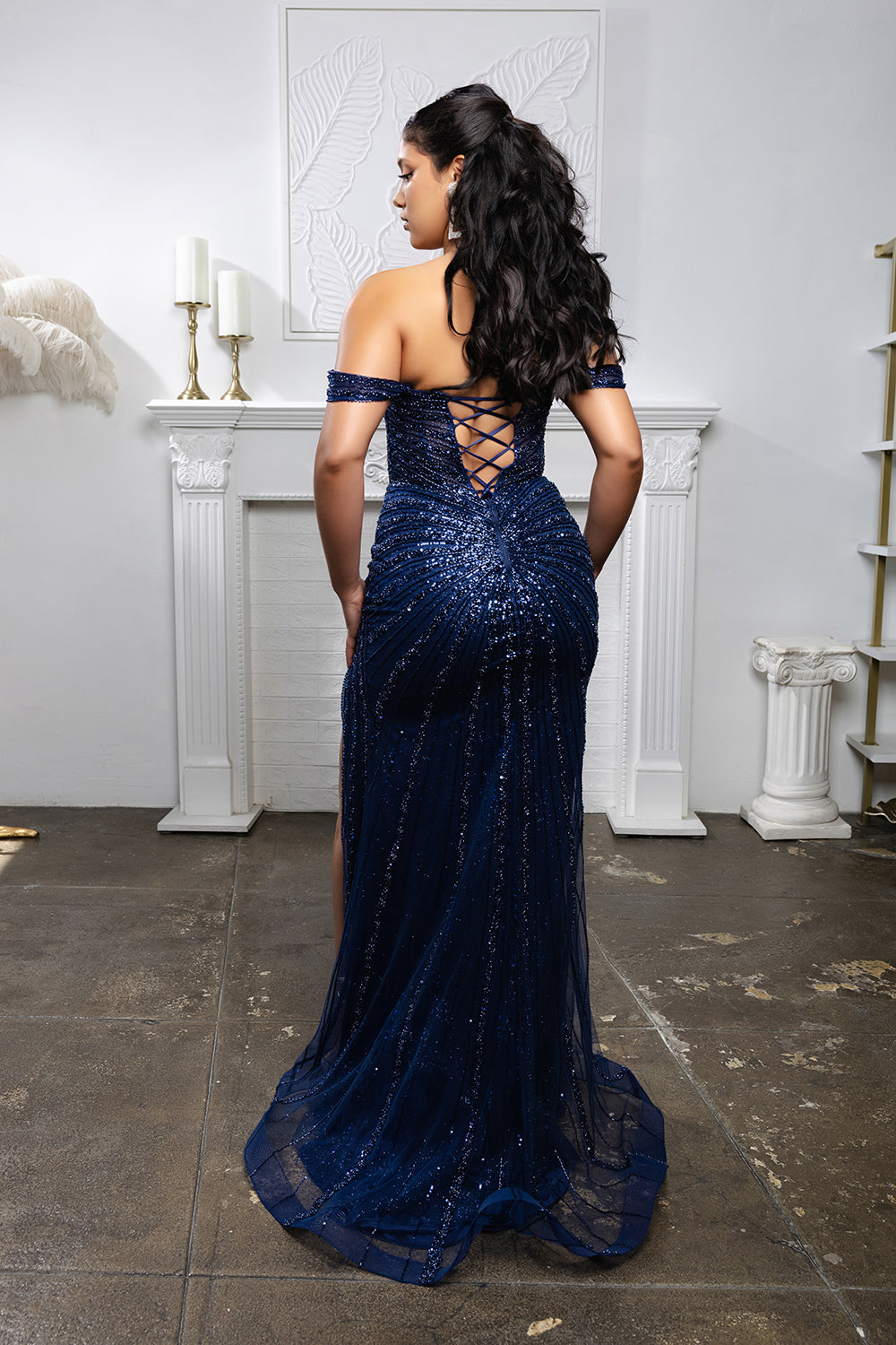 Off The Shoulder Sequin Mermaid Formal Gown with Lace Up Back by Royal Queen RQ8214