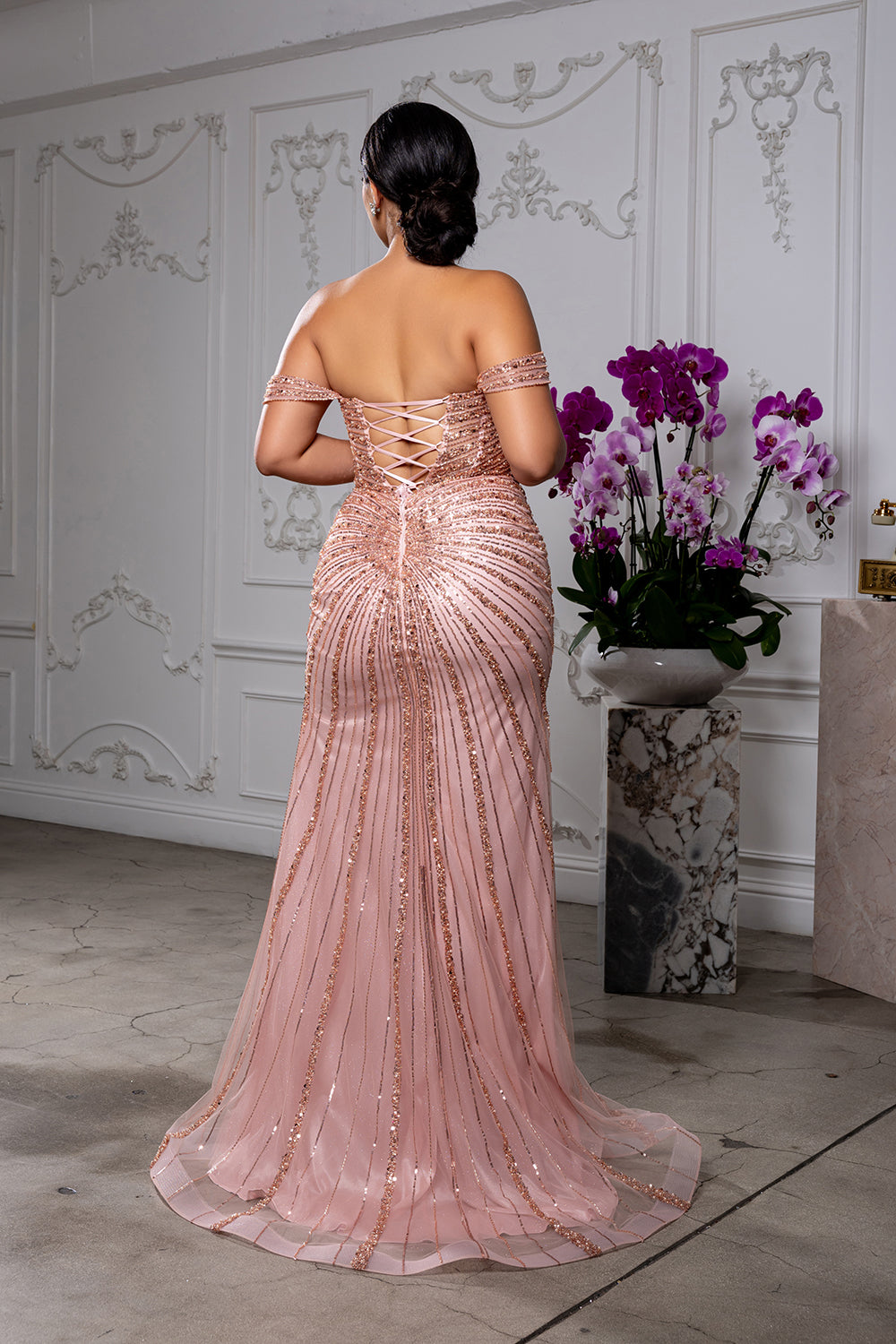 Off The Shoulder Sequin Mermaid Formal Gown with Lace Up Back by Royal Queen RQ8214