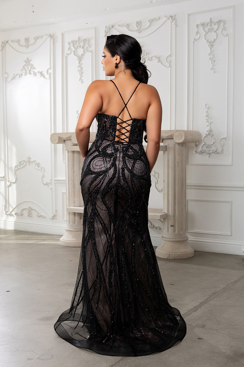 Beaded Mermaid Prom Dress with Sheer Corset Bodice & Lace-Up Back by Royal Queen RQ8221