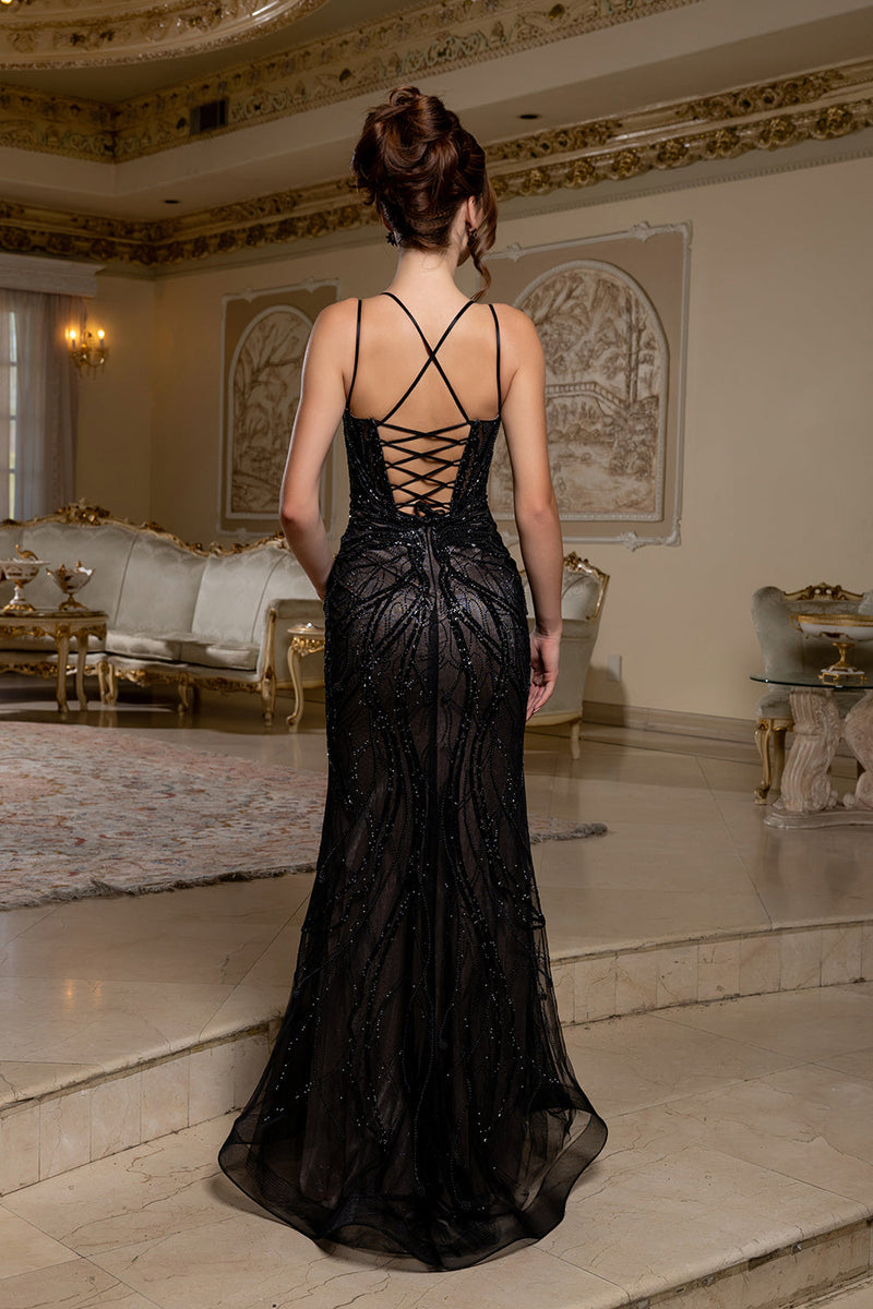 Beaded Mesh Mermaid Prom Dress with Double Spaghetti Straps & Lace-Up Back by Royal Queen RQ8222