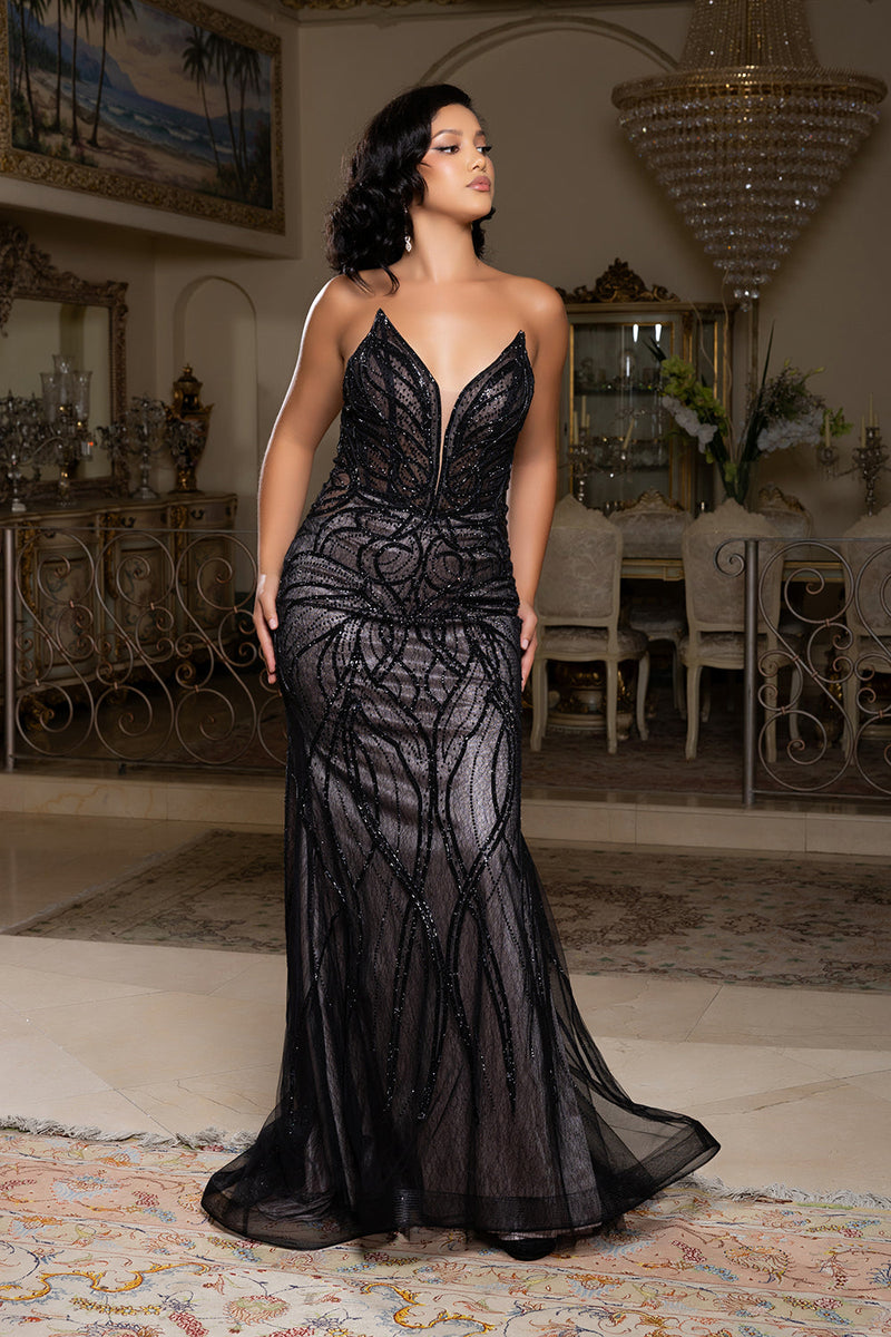 Beaded Mermaid Evening Prom Gown Lace-Up Back Illusion Mesh Bodice by Royal Queen RQ8223