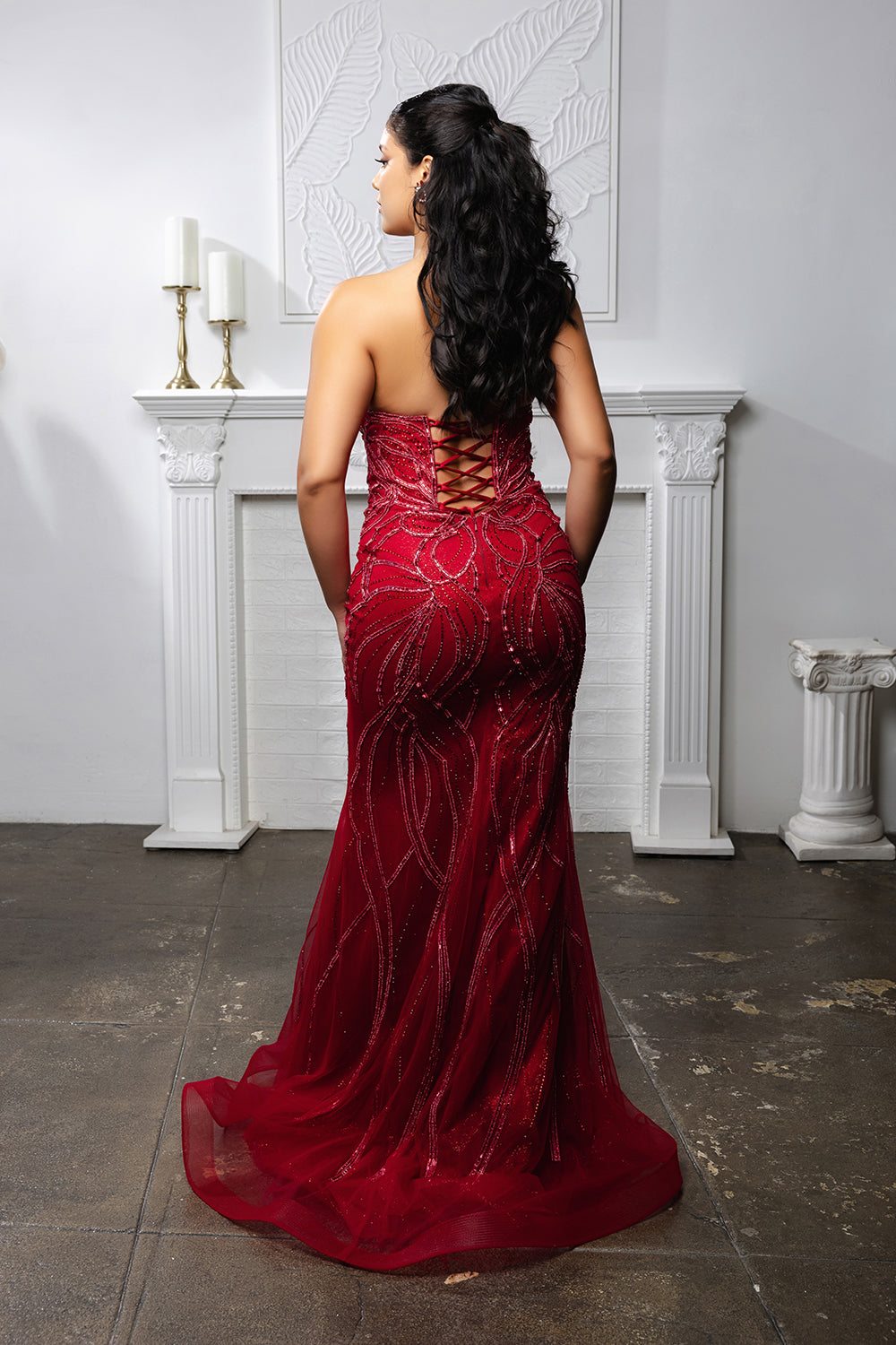 Beaded Mermaid Evening Prom Gown Lace-Up Back Illusion Mesh Bodice by Royal Queen RQ8223