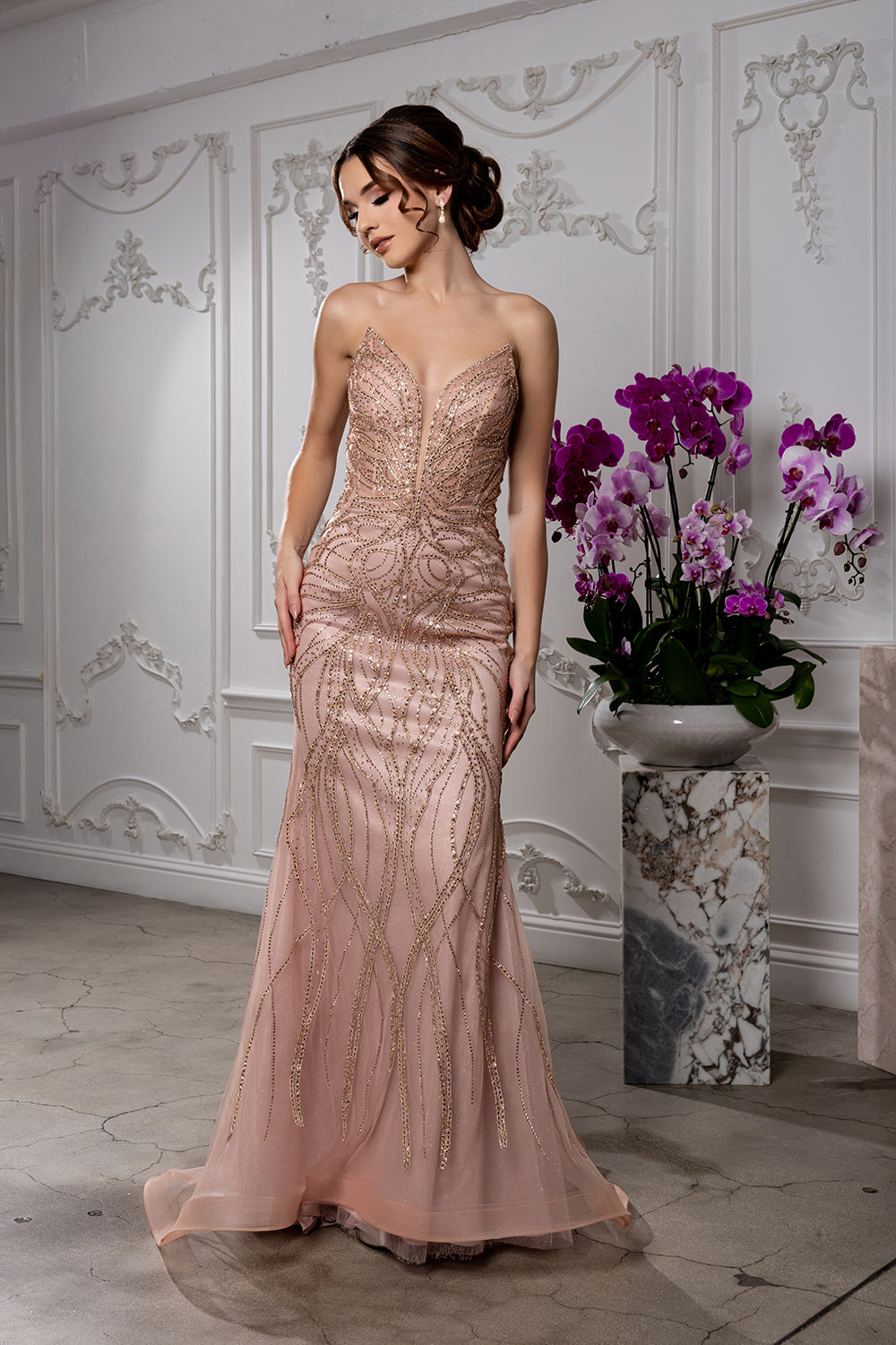 Beaded Mermaid Evening Prom Gown Lace-Up Back Illusion Mesh Bodice by Royal Queen RQ8223