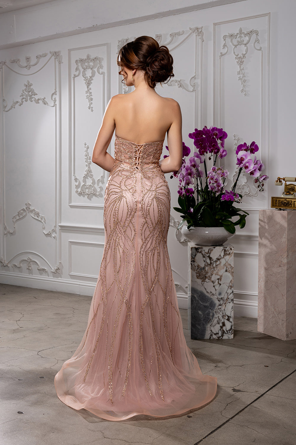 Beaded Mermaid Evening Prom Gown Lace-Up Back Illusion Mesh Bodice by Royal Queen RQ8223